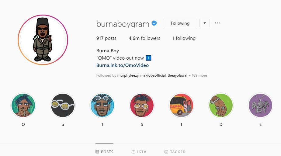 PHOTO: BURNA BOY UNFOLLOWS EVERYONE ON INSTAGRAM - 90.9 Max FM